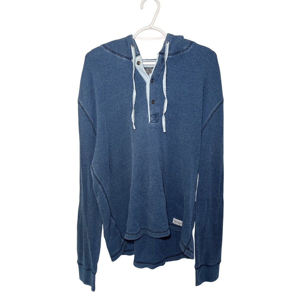 LL Bean Signature Mens Blue Waffle Knit Hoodie Slim Fit Large Preppy Grunge